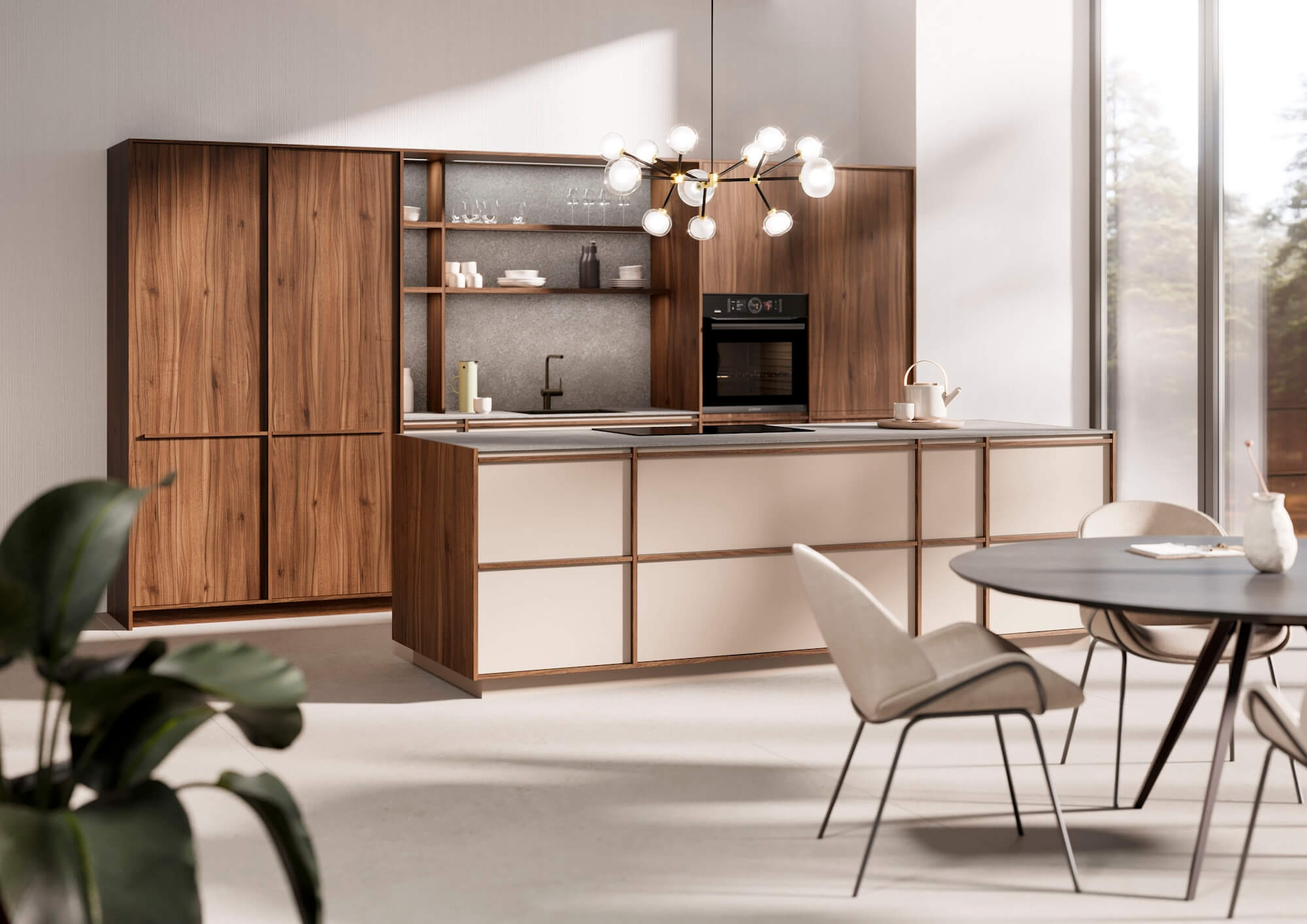 LEICHT_KYOTO_Design_Inselkueche_Creme_Holz_schmale Rahmenfront