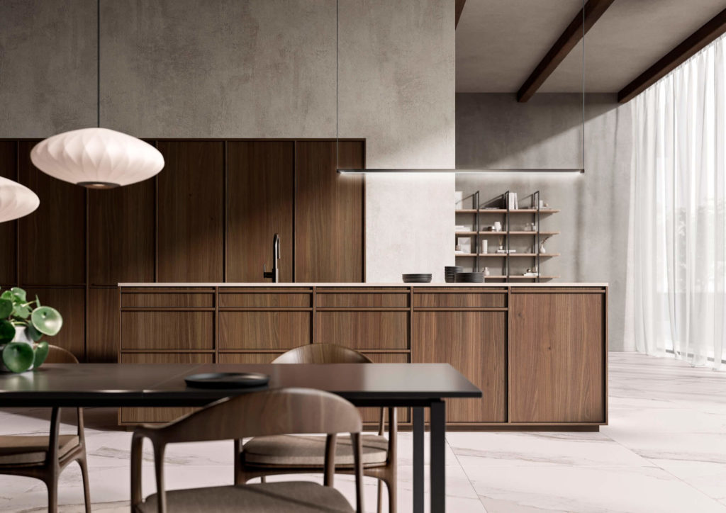 LEICHT Kuechen Neuheiten LEICHT_KYOTO_Design_Inselkueche_dunkles Holz_grifflos